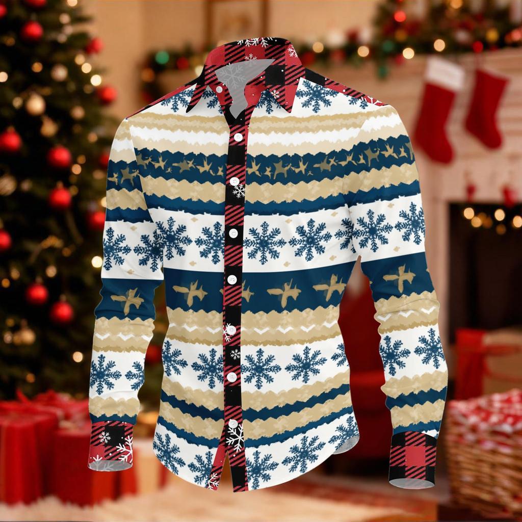 Men's Casual Long Sleeve Shirt with Christmas Print for Spring and Everyday Wear
