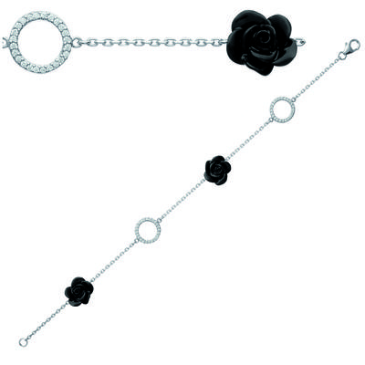 [J0833] - Silver Bracelet 'Rose Noire' Black White (rhodium-plated) - 10 Mm