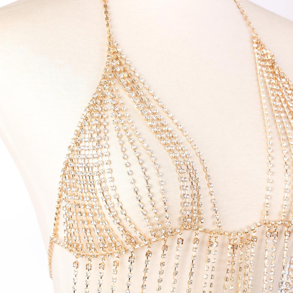 Harness Chest Jewelry Rhinestone Gold Shiny Tassel Bra Chains