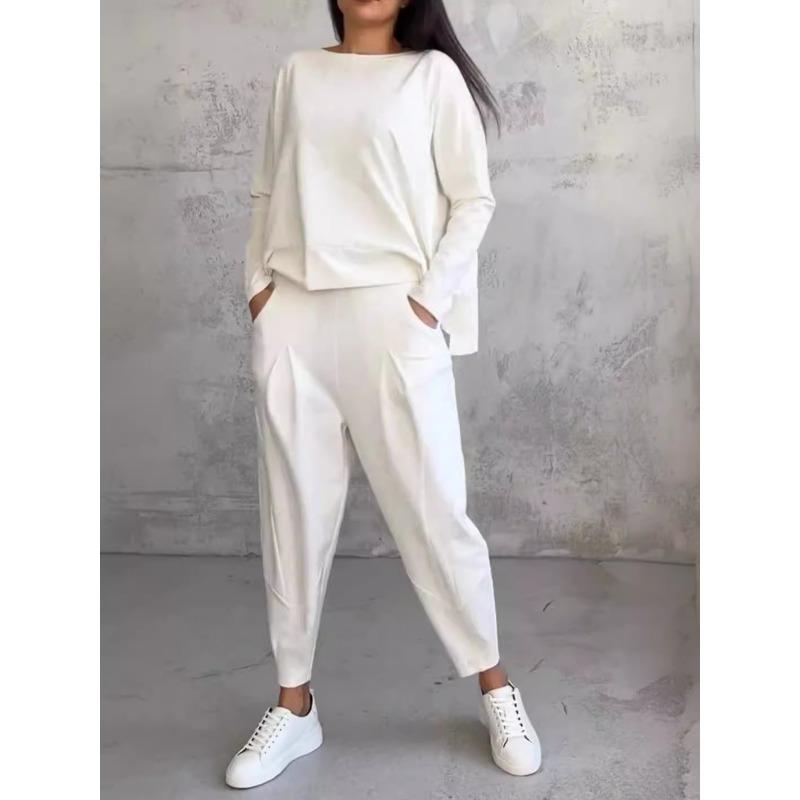 

JKASHDK Жіночий Модний Повсякденний Весняно-Осінній Однотонний Принт Довгий Рукав Круглий Виріз Штани Комплекти XL білий