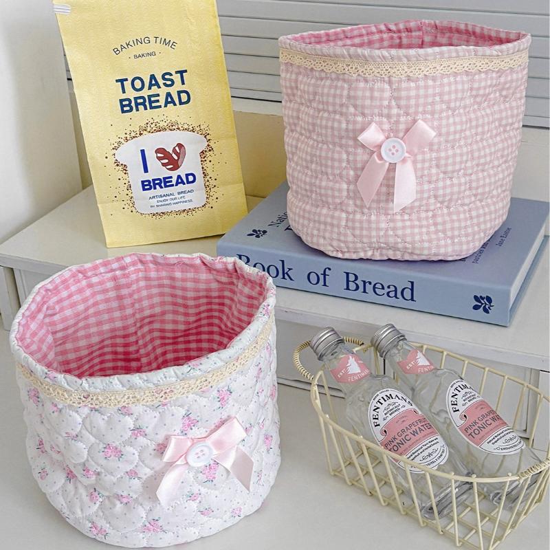 Cute Love Heart Storage Box Quilting Cotton Bow Desktop Storage Basket Large-Capacity Round Storage Frame Home Decoration