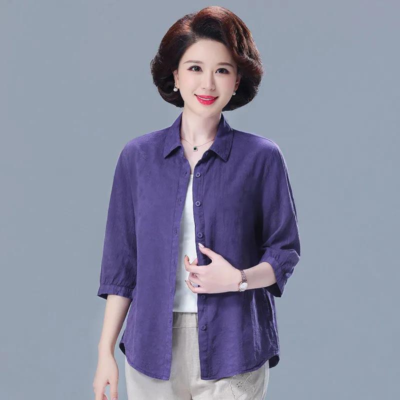 

Women Purple Button Down Shirt 3/4 Sleeve Loose Fit Casual Blouse L фиолетовый
