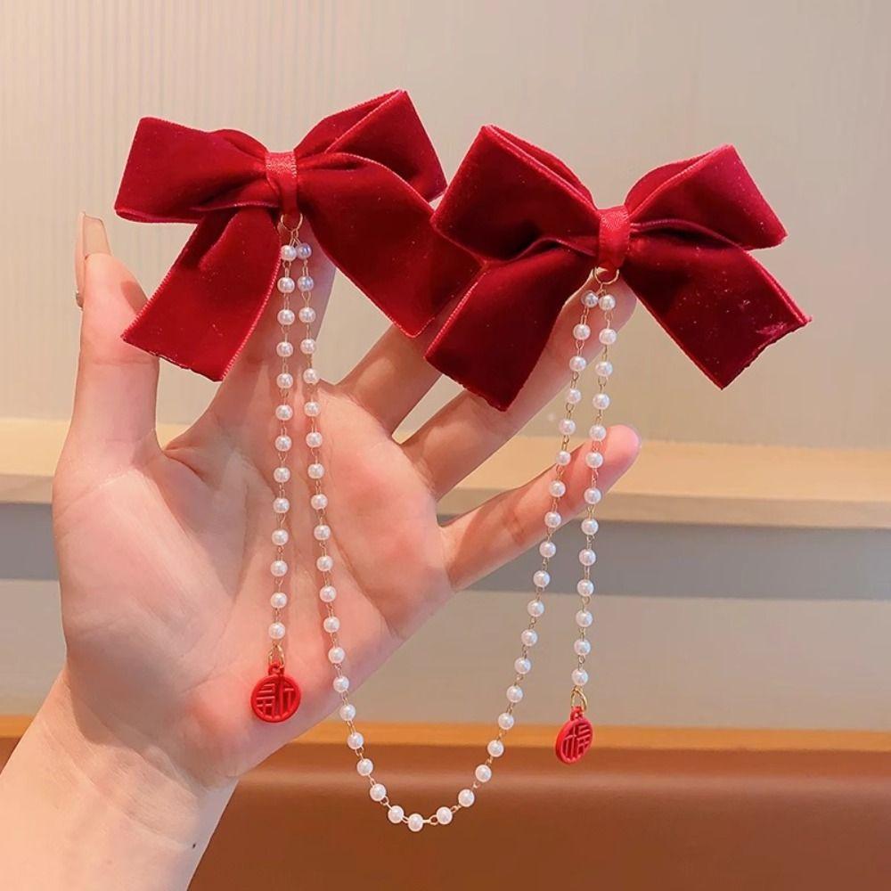 Pearl Chain Bowknot Hair Clip Hair Side Clip Ribbon Bow Barrettes Female/Children