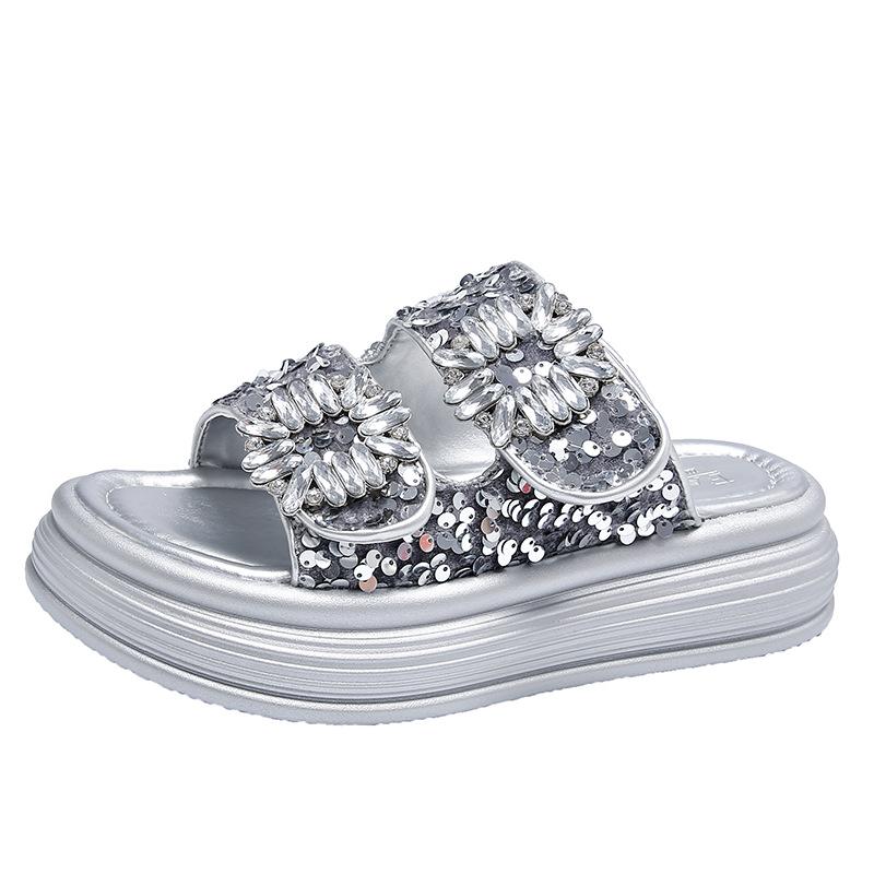 Fashion Thick Soled 2025 Summer New Casual Square Buckle Water Diamond Double Strap One Line Slipper for External Wear, Sandals