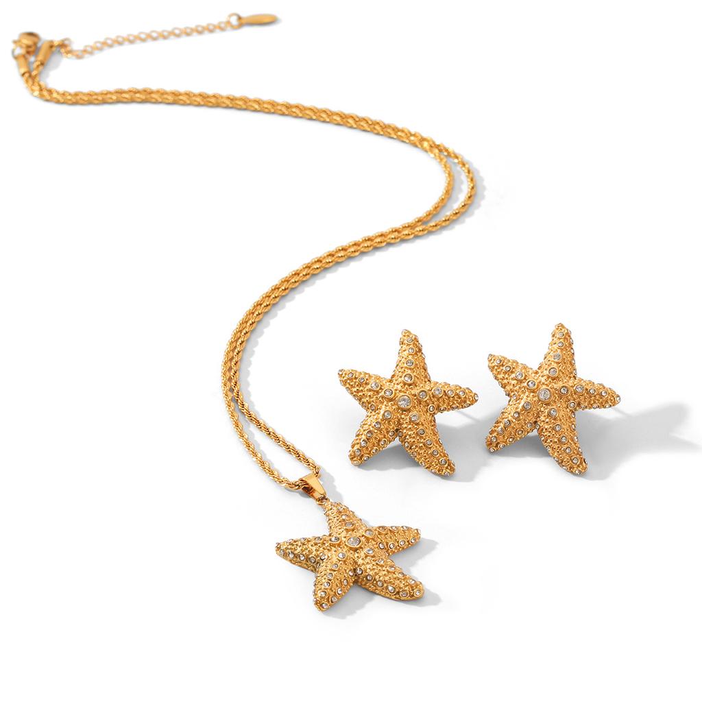 Diamond-encrusted star necklace, light luxury versatile five-pointed star stud earrings, fade-resistant versatile jewelry