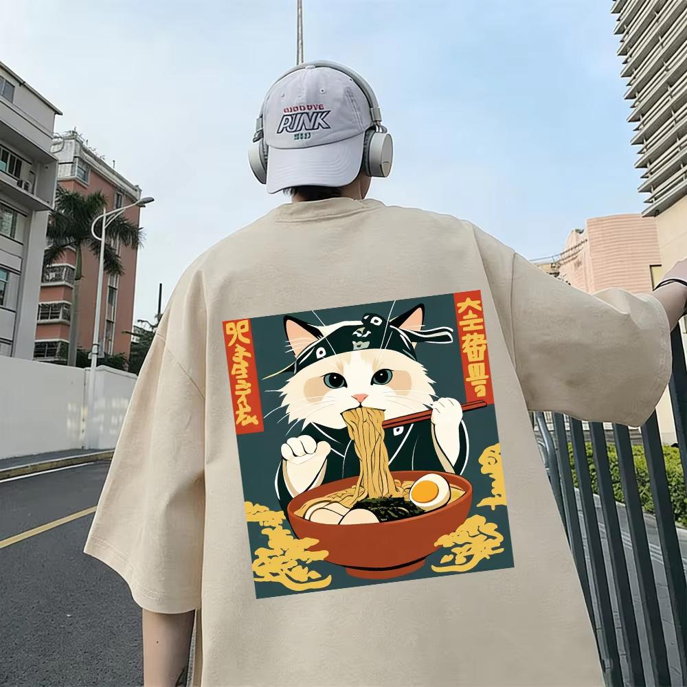Cats Like Lamian Noodles Prints Unisex Tshirt Cotton Summer Soft Tops Oneck Short Sleeve T Shirt Unisex Casual Male Clothes