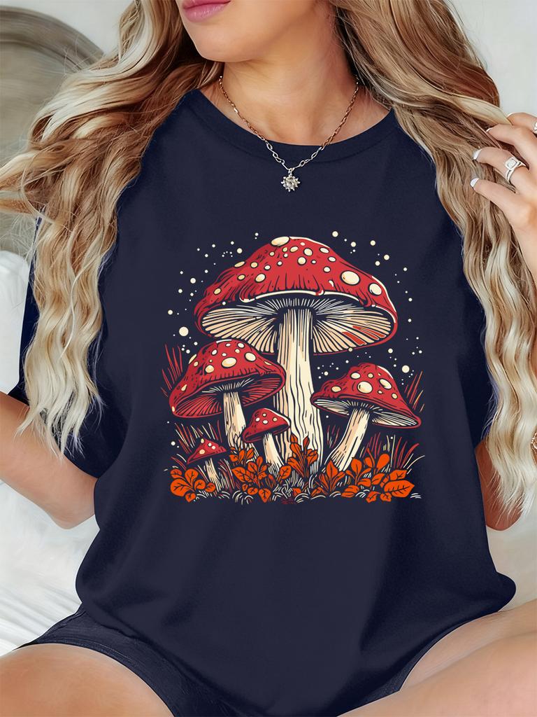 Red Mushroom Personality Prints TShirts Women Summer Short Sleeve Tops ONeck Soft T Shirt Basics Comfortable Womans Clothes