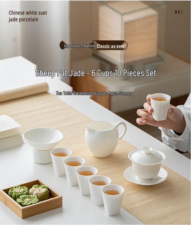 Premium White Porcelain Yangzhi Jade Kung Fu Tea Set with Three-Talent Lid Bowl, Gong Dao Bei, Tea Sea, and Customizable Tea Cups.