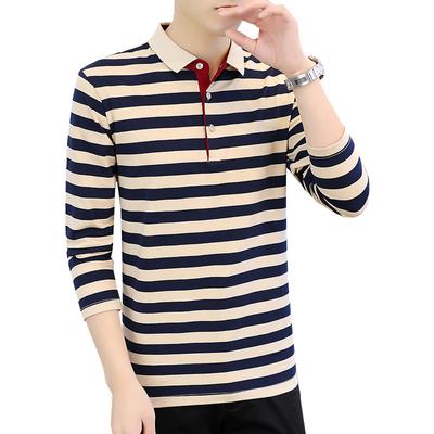 Herren Poloshirt Langarm T-Shirt Koreanischer Stil Revers Baumwolle Gestreiftes T-Shirt