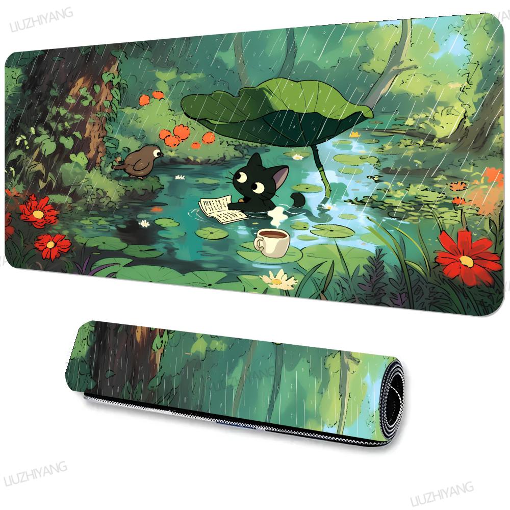 Cute Black Cat Forest Large Desk Mat Cartoon Animal Green Nature Scene Xxl Mouse Pad NonSlip Lock Edge Keyboard Mat