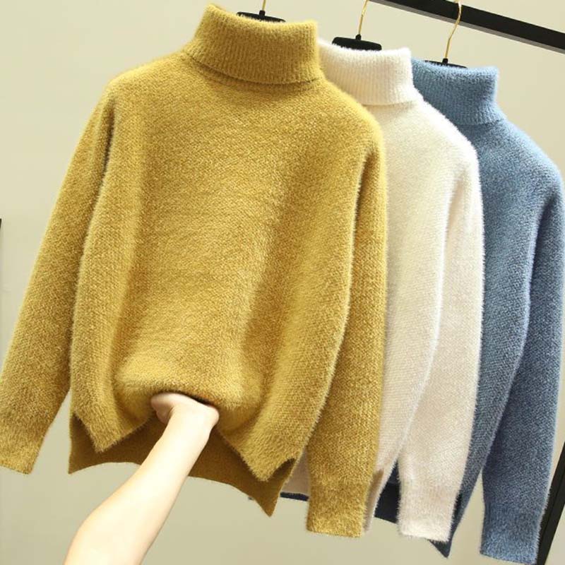 Sweater for Women Autumn Winter Solid Color Thickened High Neck Warm Knitted Stretchy Long Sleeve Tops