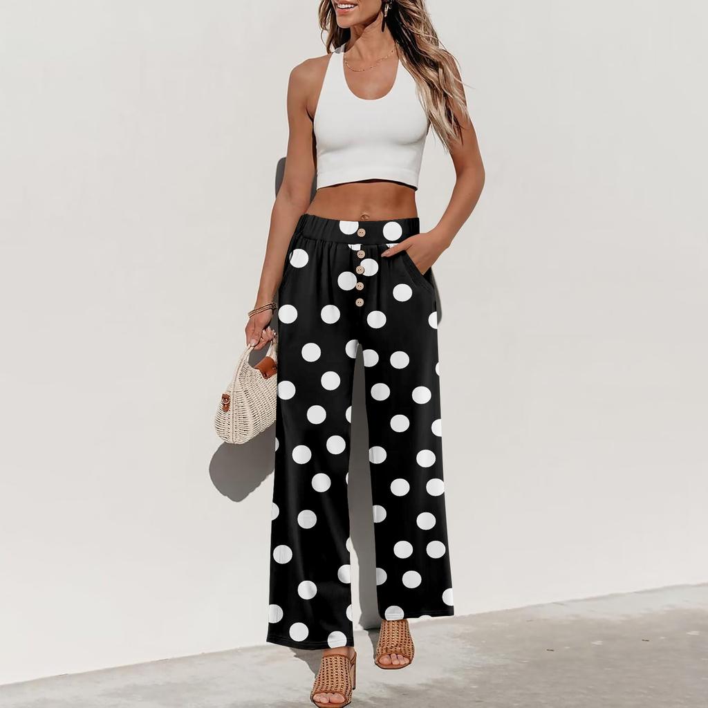 Calças Largas Femininas com Estampa de Bolinhas e Cintura Elástica com Botão e Bolsos para Uso Casual de Verão