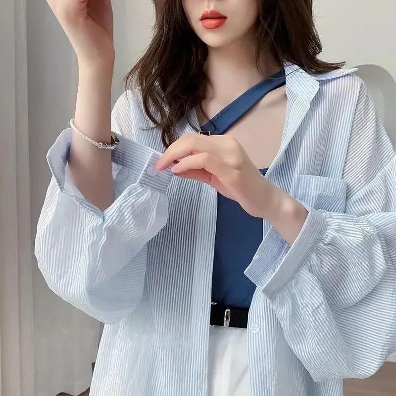 Îmbrăcăminte de protecție solară de vară pentru femei, cămașă transparentă cu dungi, supradimensionată, largă, cu mâneci lungi, coreeană, bluză rezistentă la soare, buzunar, topuri dulci