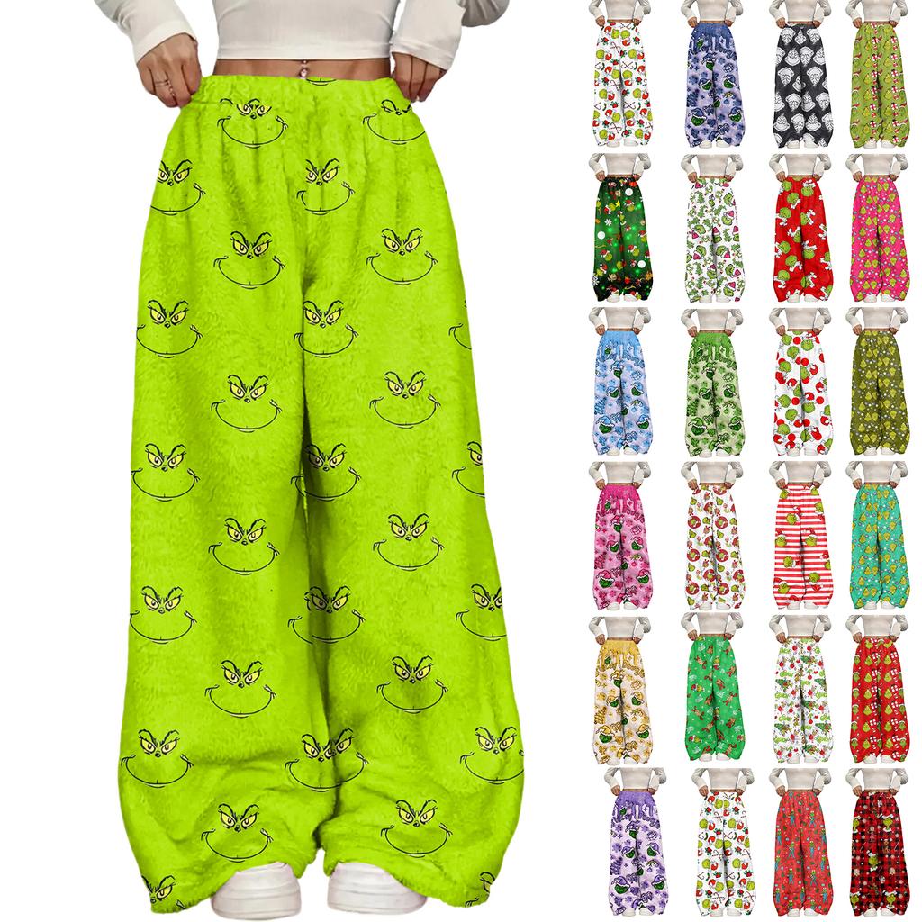 Women's Casual Christmas Print Elastic Waist Loose Fit With Plush Wide Leg Pants