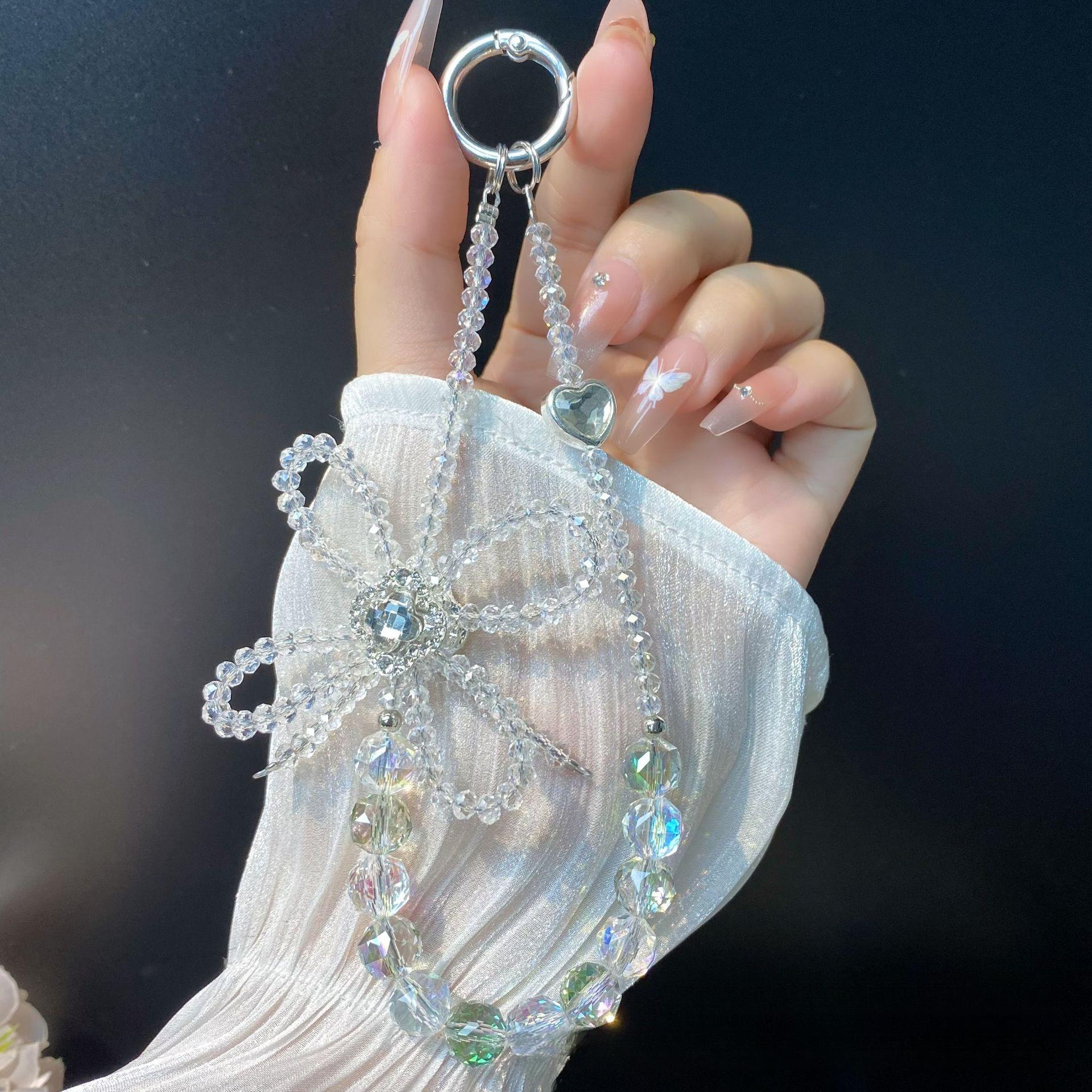 Four-leaf Clover Inlaid Zircon Phone Chain Flower Ball Crystal Bead Creative Bowknot Hanging Chain Car Keychain Jewelry for Women White【Four-Leaf Clover