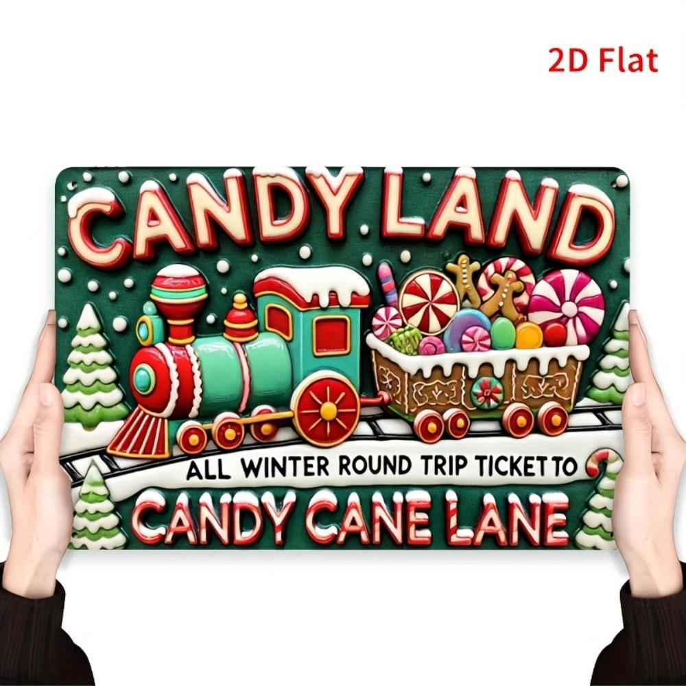 Vintage Candyland Metal Wall Art - Winter Candy Cane Lane Ticket Decor with Colorful Train & Gingerbread, 7.87x11.81 Inch Outdoo