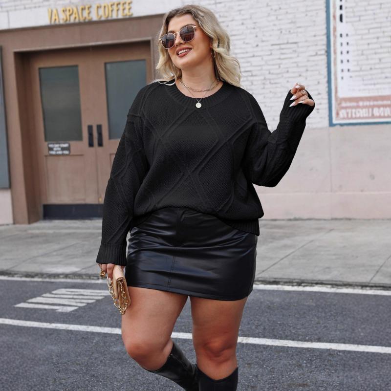 Women's Tops Fashionable Round Neck Long Sleeve Diamond Jacquard Sweater Loose Casual Pullover Versatile Top