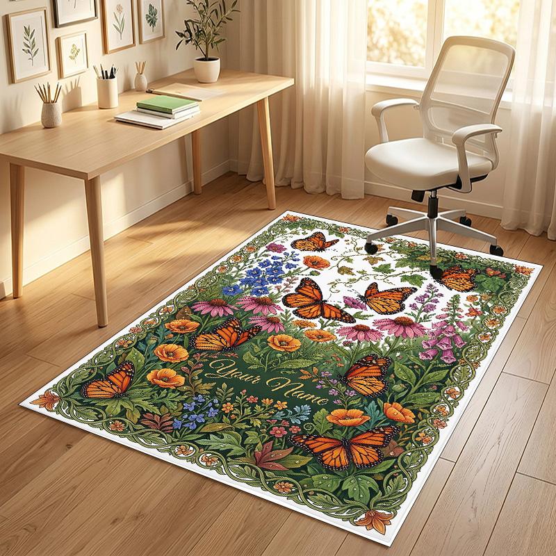 Butterflies Flowers Theme Soft Crystal Velvet Rug Custom Name & Text Print Non Slip Floor Rug for Bedroom Living Room