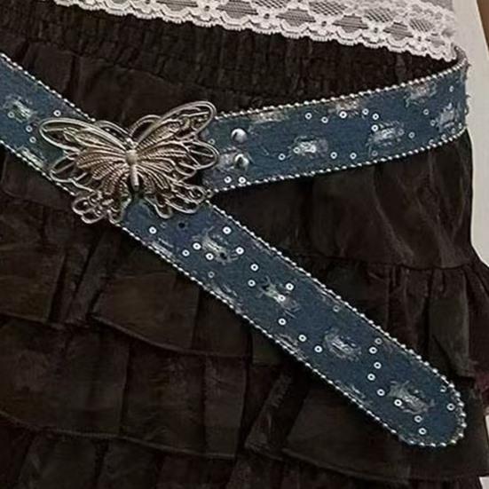 Women Wide Belt Solid Color Design Butterfly Buckle Versatile Belt