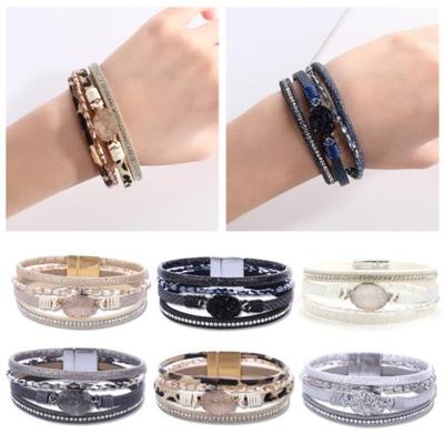 Women Cuff Bangle Four Layers Faux Crystal Rhinestone Retro Fake Leather Magnetic Clasp Girls