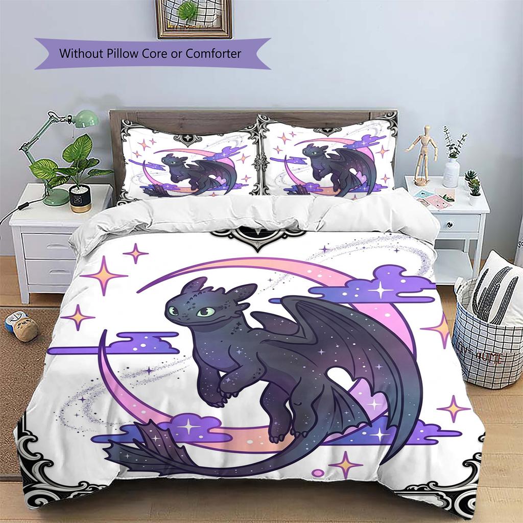 Toothless Night Fury Pattern Bedding Quilt Set Quilt Cover Pillowcase Home Decoration Birthday Gift (1 * Duvet Cover + 2 * Pillowcase, Without Core)