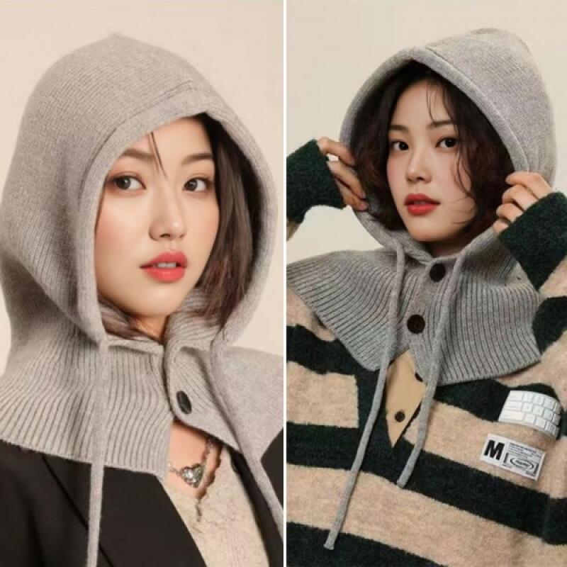 Button Knit Balaclava Hooded Neck Warmer ivory