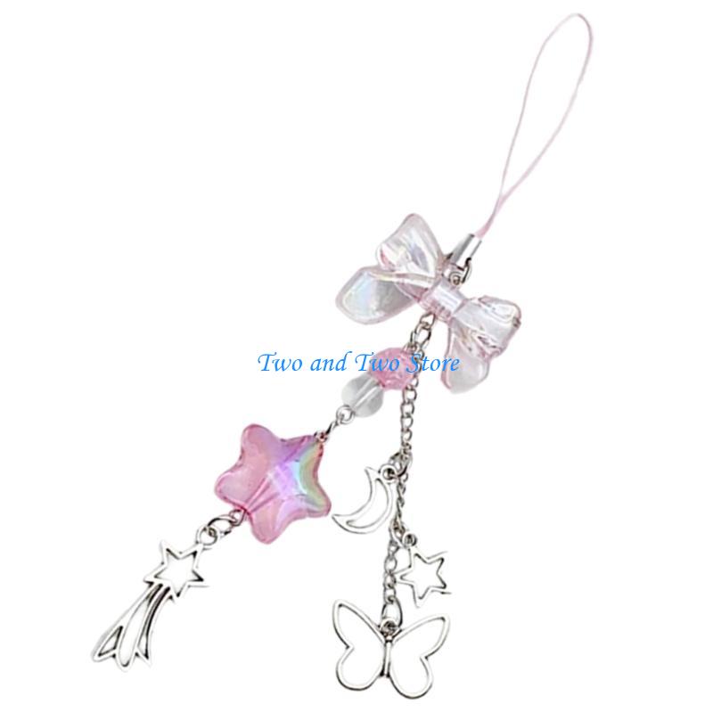 HX6F Bowknot Keychain Goth Butterfly Star Beaded Phone Lanyard Strap Phone Charm