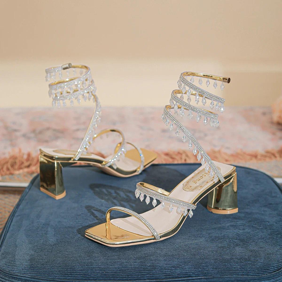 

Летняя мода Роскошные сандалии на высоком каблуке со стразами и кристаллами в форме змеи для женщин Золотые Серебряные Туфли для вечеринки Свадебные туфли 35