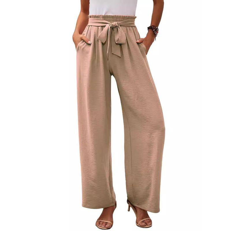 Solid Color Elastic Waistband Tied Pants Solid Elastic Waist Tether Pants Women