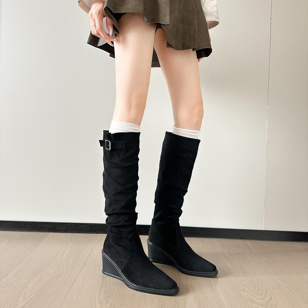 British Style Suede High-heeled Boots Children's 2025 Autumn and Winter New Belt Buckle Thick-bottomed Wedge Heel High Tube Pointed Boots