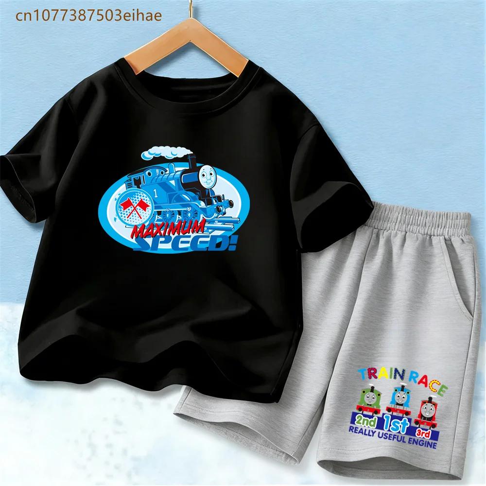 Kids Thomas Train Head Cartoon Summer Set Soft Polyester Short Sleeve T-shirt Match Breathable Shorts 2Pcs Casual Comfortable