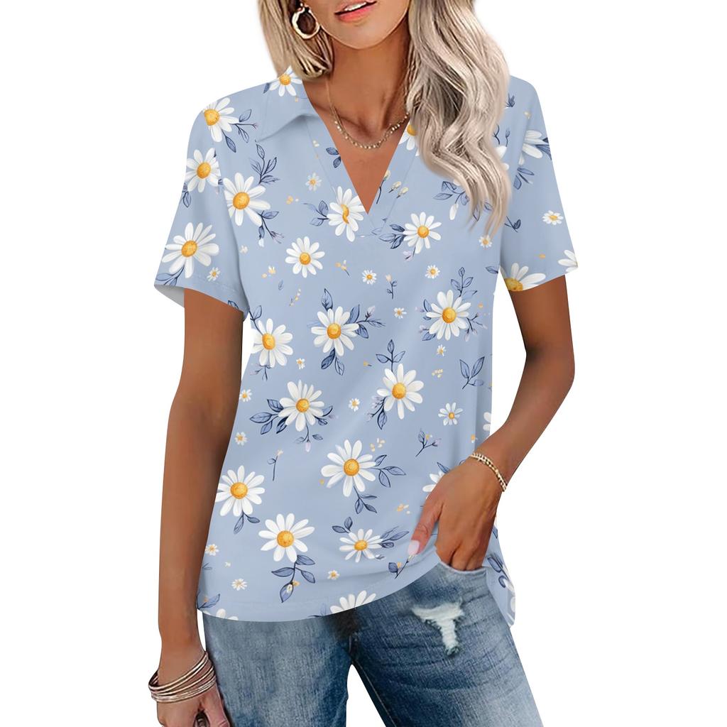 Women's Casual V Neck Short Sleeve Floral Print Polo Shirt Lightweight Summer Top with Collar for Daily Wear