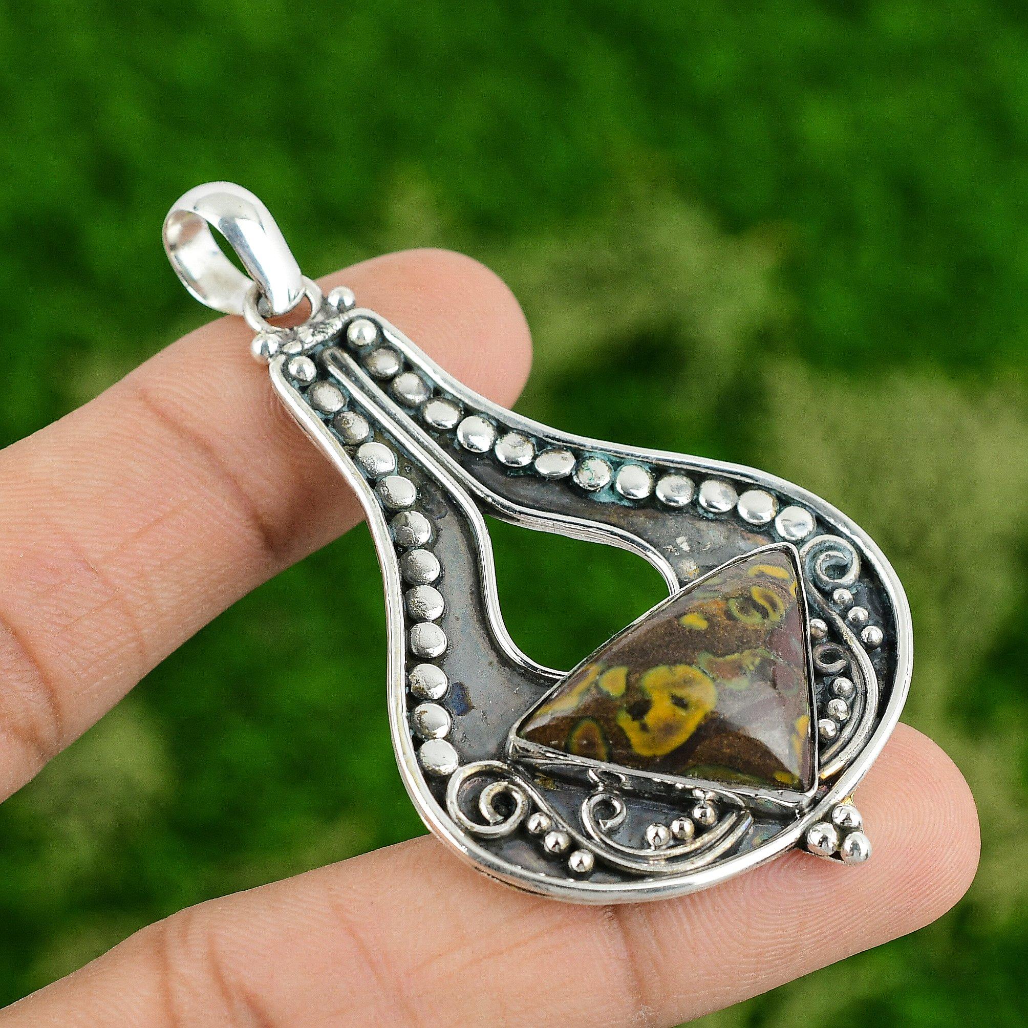 

Daughters Day Deal Trillion Rhyolite Stone Bezel Sister Boho Pendant 925 Silver