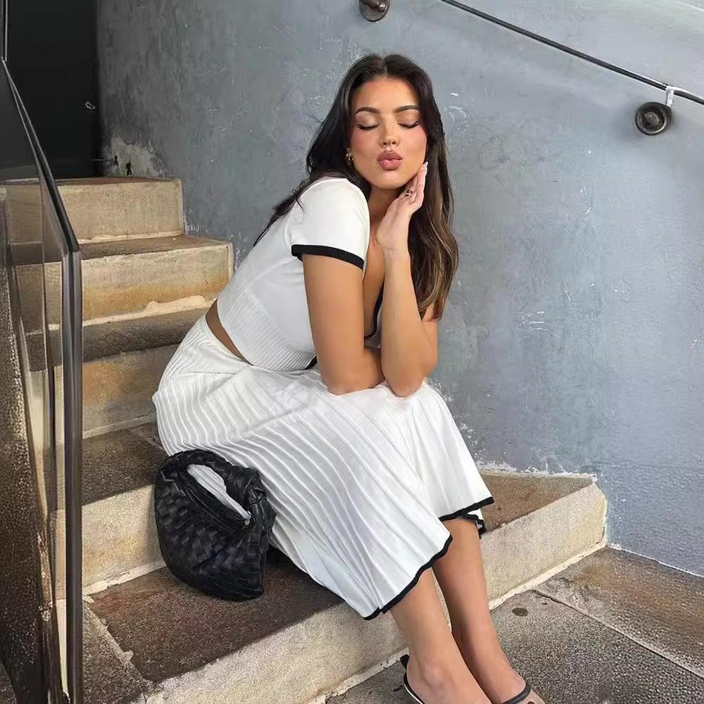 Mode Gestrickte Patchwork Lange Rocksets Damen V-Ausschnitt Kurzarm Tops Hohe Taille Midi Röcke 2-teilige Sets Frühling Sommer Anzüge