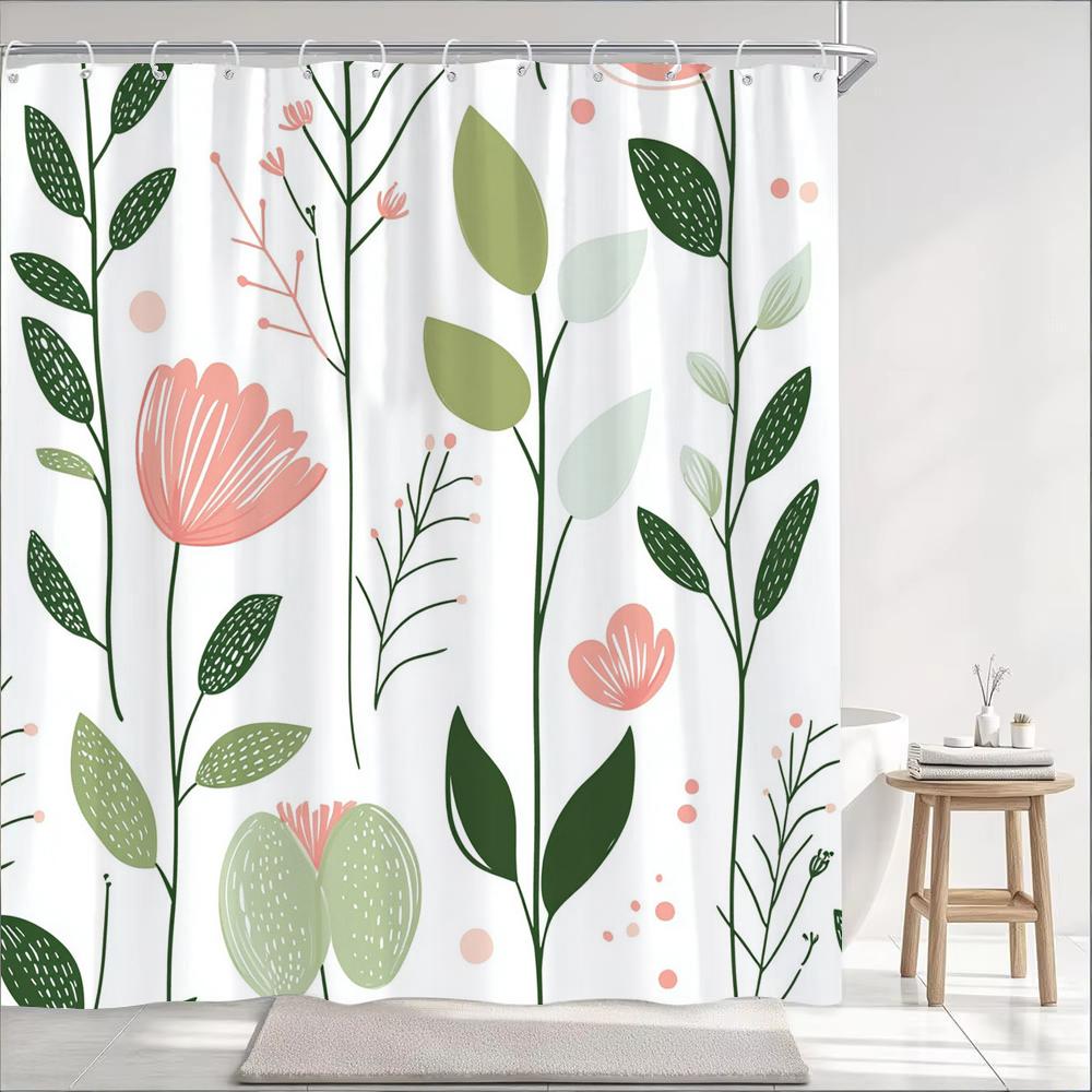 1Pc Simple Style Leaves Print Polyester Shower Curtain Bathroom Decoration Curtain,Hanging Curtain With Hooks Machine Washable