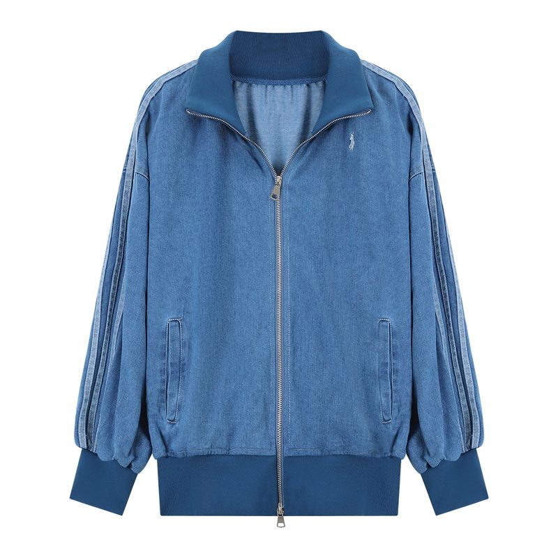 

Retro American Three Bars Long Sleeves Denim Outwear Women s Autumn Loose Short Jacket Baseball Uniform Zipper Tops Image color L