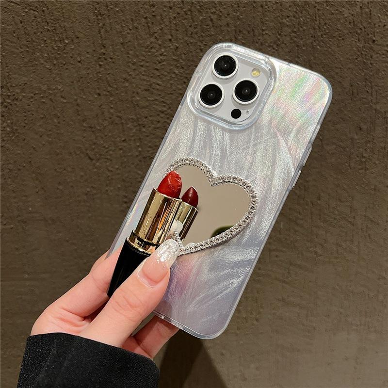 Luxury Diamond Love Heart Makeup Mirror Laser Phone Case For iPhone 16 15 14 11 Pro Max XR X XS Shockproof Bumper Cover