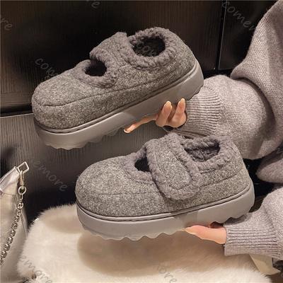 Fashion Comemore Versatile Retro Solid Color Thick Soled Cotton Shoes for Women Winter Casual Flat Bottom Keep Warm Solid Fur Flats