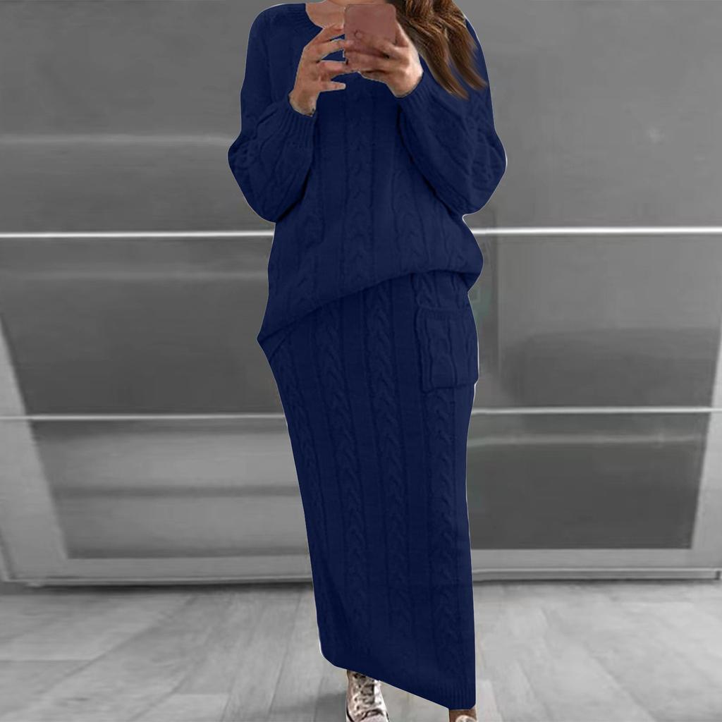 Women Autumn Winter Twist Crop Sweater Hip Skirt Knit Set for Laides Solid Color Slim All Match Two Piece Set