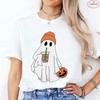 Little Boo Drinking Coffee Women T-Shirts Fashion Halloween Party Spooky Season Shirt Harajuku Graphic Tops Casual Streetwear