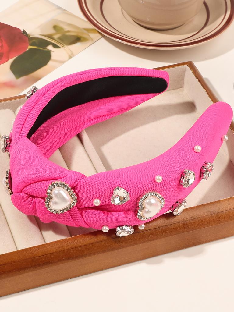 1 szt. Różowa szeroka opaska z węzłem dla kobiet, Opaska do włosów z sercem miłości z kryształową perłą, Walentynkowe akcesoria do włosów prezenty
