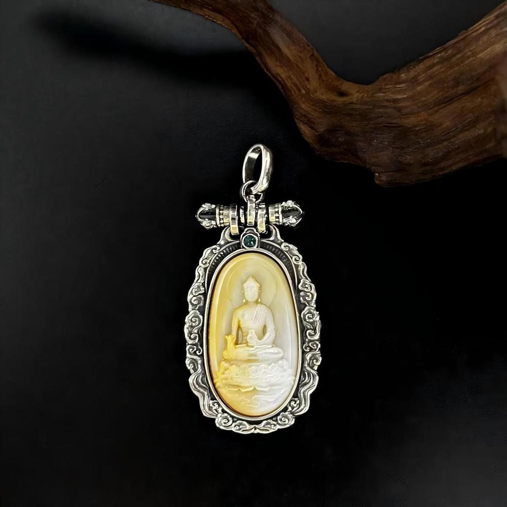 S925 Sterling Silver Medicine Buddha Pendant with Natural Shell Carving, Ethnic Auspicious Clouds Design, High-End Fashionable Necklace.