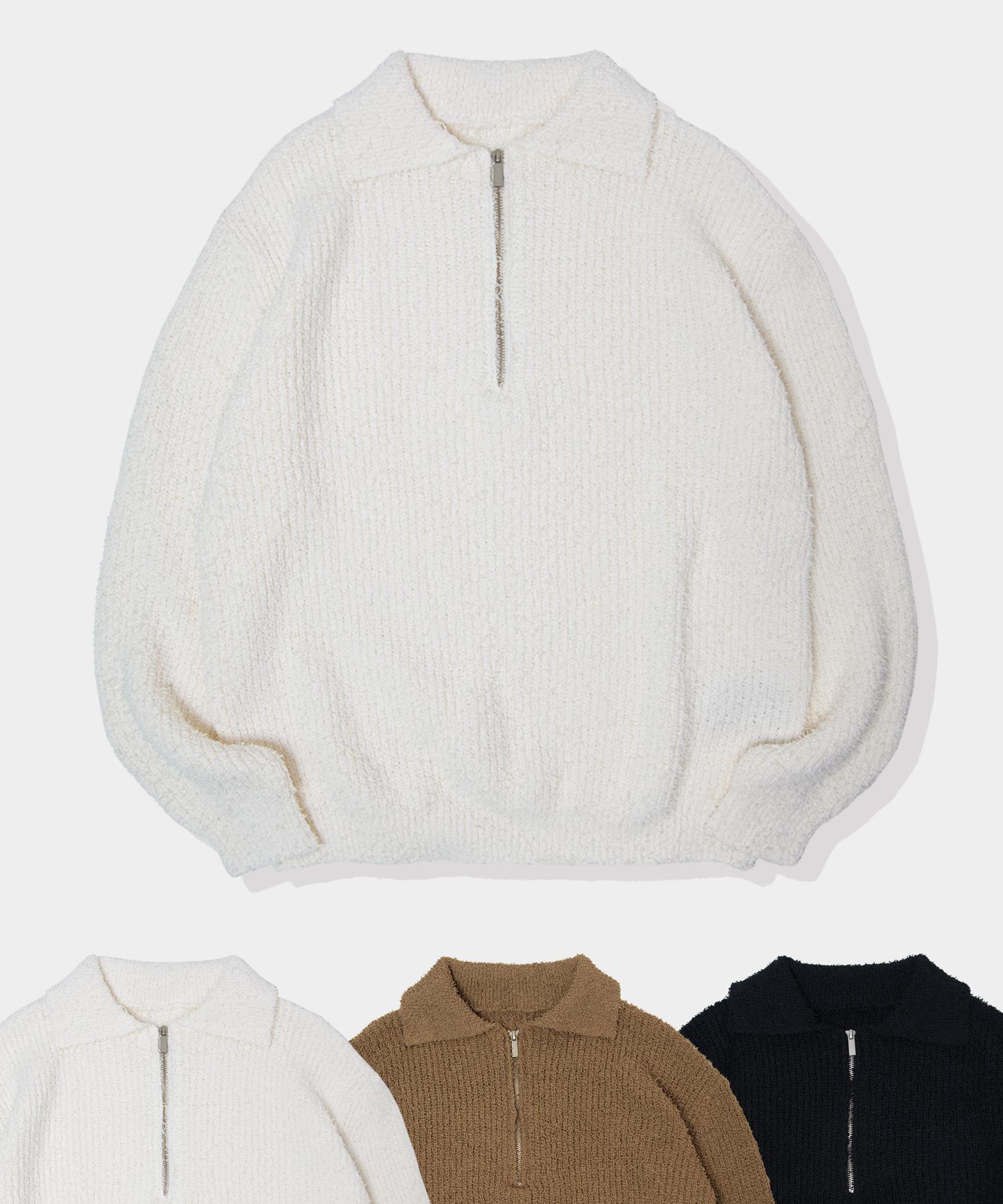 Black Moment Oversized Boucle Turtleneck Collared Half-Zip Knit Ivory/Free