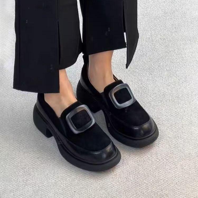 

2025 autumn models one-pedal round head matte suede platform loafers women s middle heel silent black small leather shoes single shoes 40 чёрный
