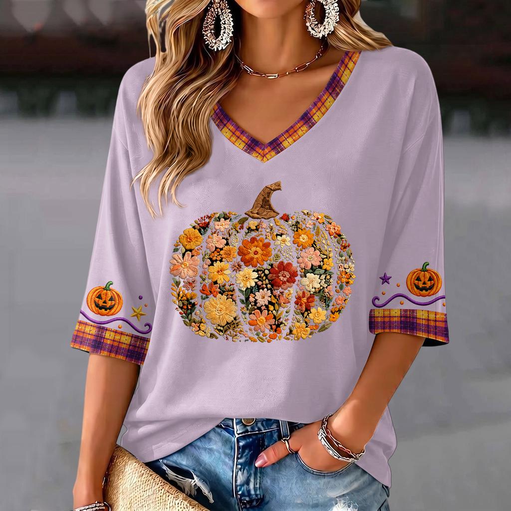 Women's V-Neck Halloween Print Lightweight Top for Spring and Summer