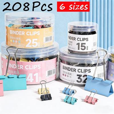 208Pcs Foldback Metal Binder Clips Colorful File Paper Clip 15, 19, 25, 32, 41, 51mm Used for Books Stationery Clip School Office Supplies Long Tail