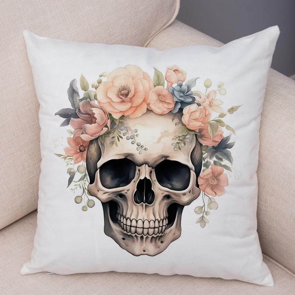 Coral Petal Skull Cushion Cover Double Print Orchid Watercolor Pillowcase Soft Plush Lavender Floral Skull Cushion Cover
