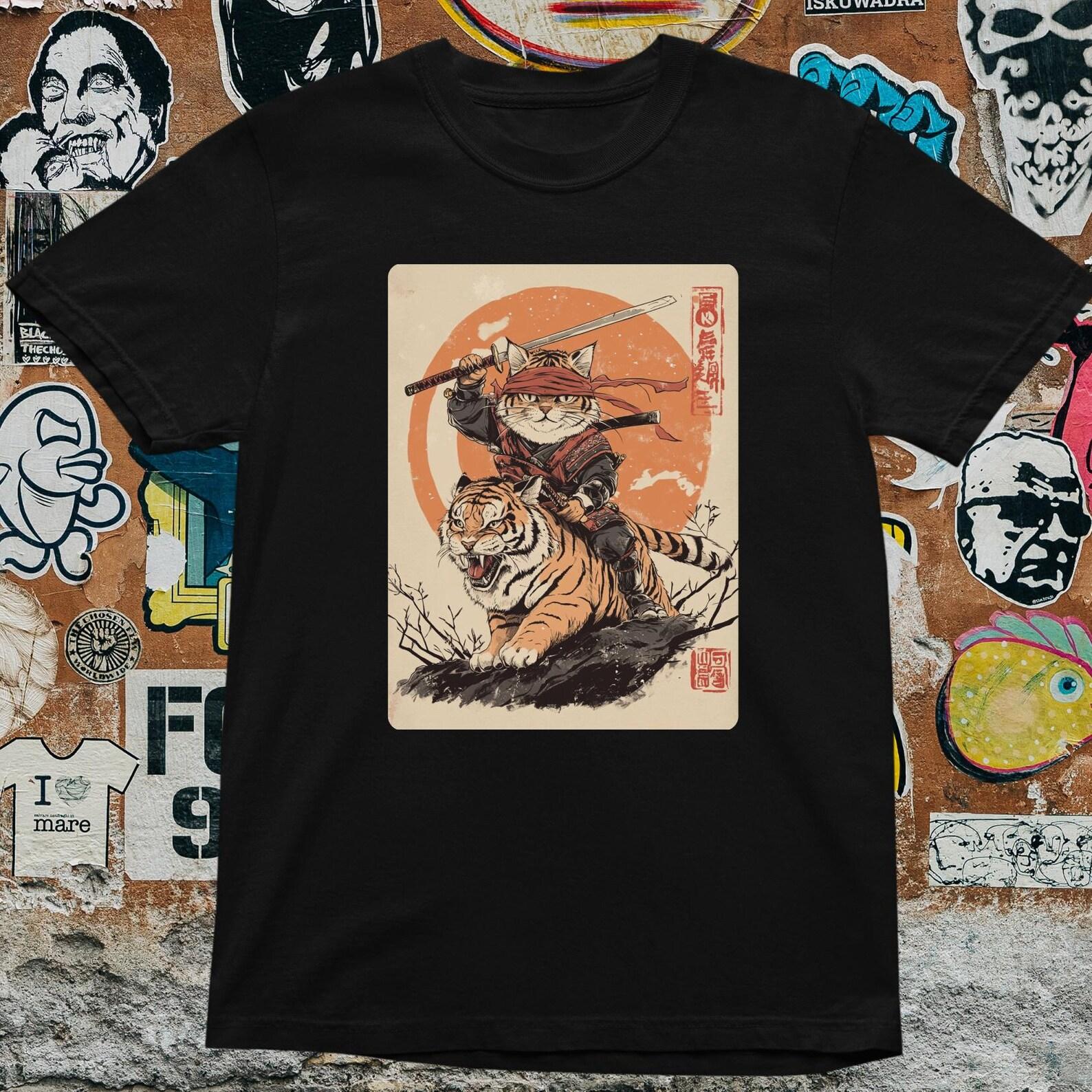 Samurai Cat T-Shirt: Japanese Ukiyo-e Art, Warrior Style L