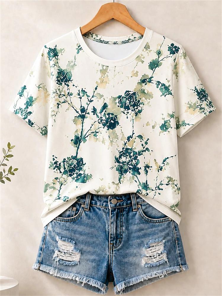 Women's Simple and Versatile Casual Short-Sleeve Floral Print Round-Neck Elegant T-Shirt Stylish Loose-Fitting Women's Top