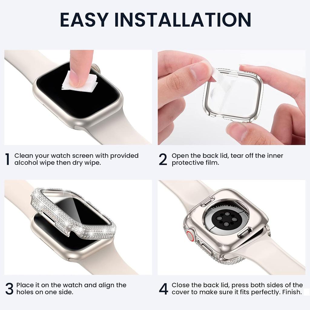 Glass+Bling Cover For Apple Watch Case 44 45mm 41mm 40mm 42mm 44 mm Diamond bumper+Screen Protector iwatch series10 9 8 7 5 6 SE